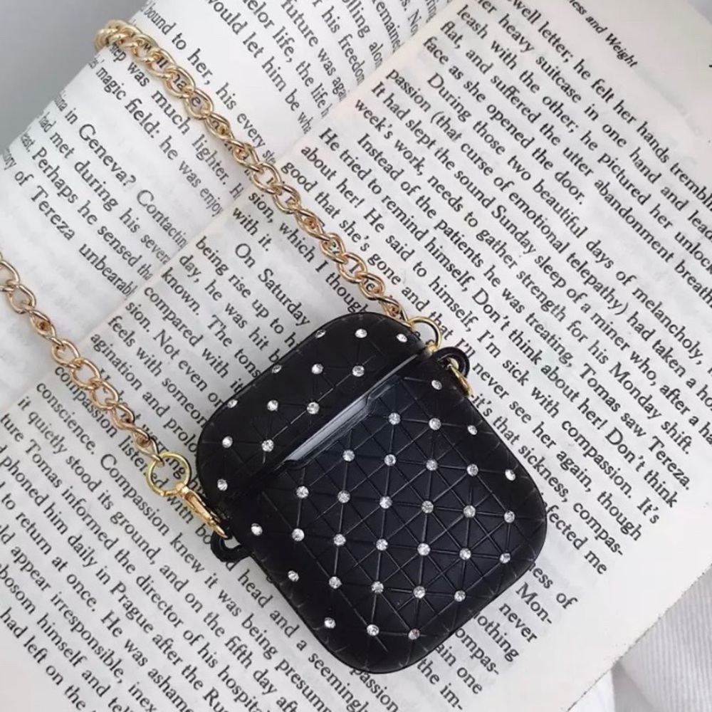 Black Fashion Case with Diamonds Allover Chain Crossbody for AirPods